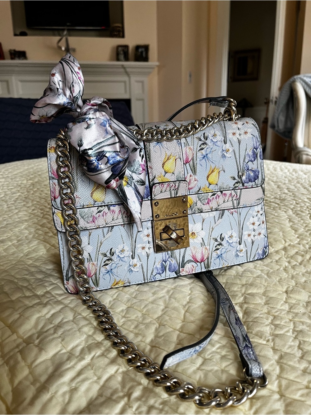 Aldo Floral Chain Crossbody in Light Blue with Multicolor Blooms